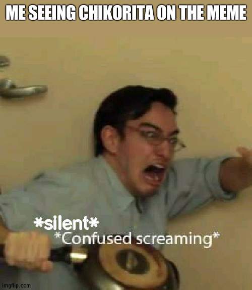 filthy frank confused scream | ME SEEING CHIKORITA ON THE MEME *silent* | image tagged in filthy frank confused scream | made w/ Imgflip meme maker