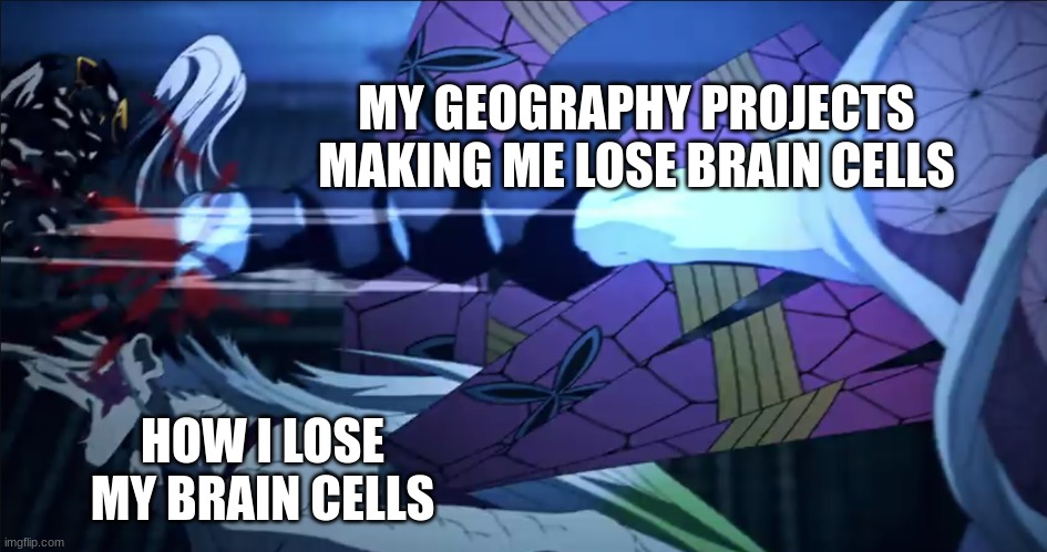 Daki meme about geography class | MY GEOGRAPHY PROJECTS MAKING ME LOSE BRAIN CELLS; HOW I LOSE MY BRAIN CELLS | image tagged in memes,funny,funny memes,school,high school,unhelpful high school teacher | made w/ Imgflip meme maker
