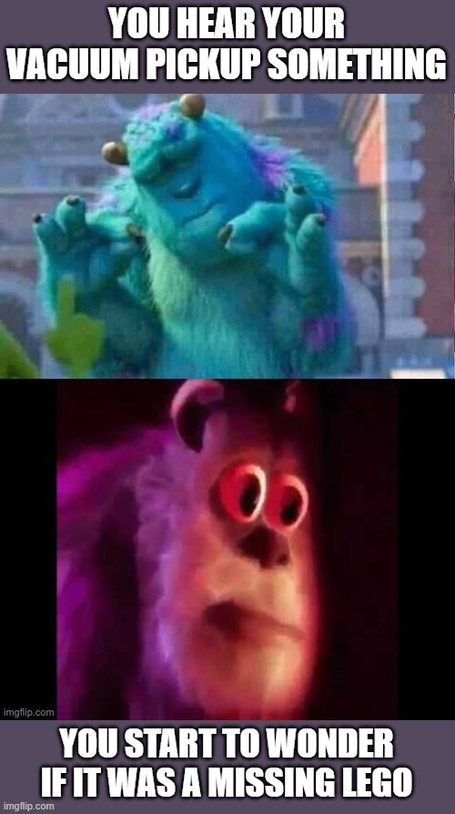 Sully ahh WUT | YOU HEAR YOUR VACUUM PICKUP SOMETHING; YOU START TO WONDER IF IT WAS A MISSING LEGO | image tagged in sully ahh wut,memes,relatable,vacuum,legos,dank memes | made w/ Imgflip meme maker
