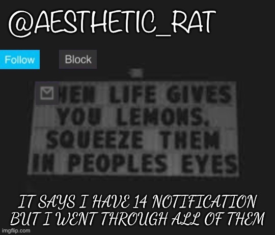 Aesthetic_Rat | IT SAYS I HAVE 14 NOTIFICATION  BUT I WENT THROUGH ALL OF THEM | image tagged in aesthetic_rat | made w/ Imgflip meme maker