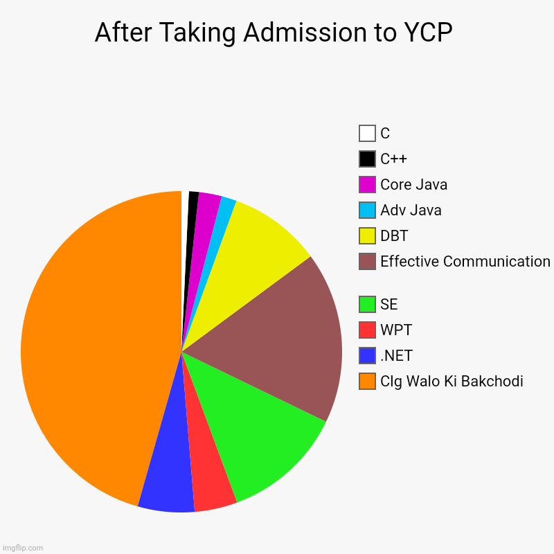 After Taking Admission to YCP | Clg Walo Ki Bakchodi, .NET, WPT, SE, Effective Communication , DBT, Adv Java, Core Java, C++, C | image tagged in charts,pie charts | made w/ Imgflip chart maker