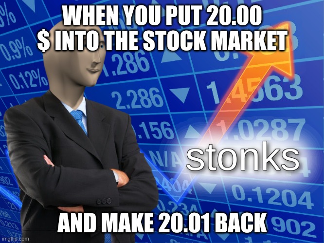Stonks | WHEN YOU PUT 20.00 $ INTO THE STOCK MARKET; AND MAKE 20.01 BACK | image tagged in stonks | made w/ Imgflip meme maker