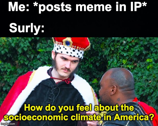 Why all the serious questions? Just.. no | Me: *posts meme in IP*; Surly:; How do you feel about the socioeconomic climate in America? | image tagged in memes,unfunny | made w/ Imgflip meme maker
