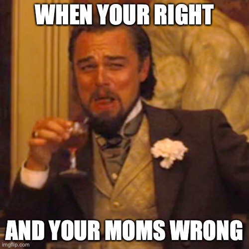 Laughing Leo | WHEN YOUR RIGHT; AND YOUR MOMS WRONG | image tagged in memes,laughing leo | made w/ Imgflip meme maker