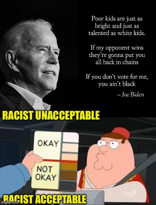 Good ole pedo racist Joe | RACIST UNACCEPTABLE; RACIST ACCEPTABLE | image tagged in racist peter griffin family guy | made w/ Imgflip meme maker