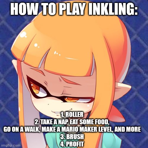 Smug Inkling | HOW TO PLAY INKLING:; 1. ROLLER
2. TAKE A NAP, EAT SOME FOOD, GO ON A WALK, MAKE A MARIO MAKER LEVEL, AND MORE
3. BRUSH
4. PROFIT | image tagged in smug inkling | made w/ Imgflip meme maker