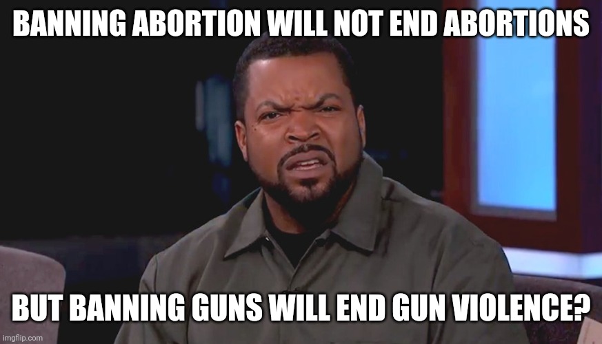Make it make sense | BANNING ABORTION WILL NOT END ABORTIONS; BUT BANNING GUNS WILL END GUN VIOLENCE? | image tagged in really ice cube | made w/ Imgflip meme maker