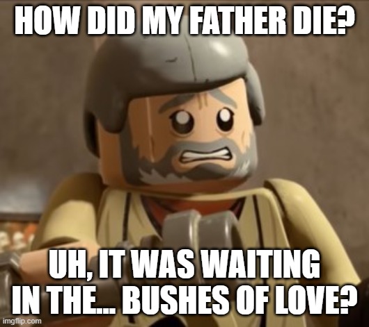 Cringey Lego Obi-Wan | HOW DID MY FATHER DIE? UH, IT WAS WAITING IN THE... BUSHES OF LOVE? | image tagged in cringey lego obi-wan,lego,star wars,obi wan kenobi | made w/ Imgflip meme maker