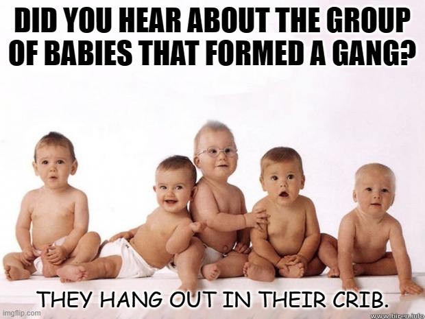 Daily Bad Dad Joke Jan 24 2022 | DID YOU HEAR ABOUT THE GROUP OF BABIES THAT FORMED A GANG? THEY HANG OUT IN THEIR CRIB. | image tagged in many babies | made w/ Imgflip meme maker