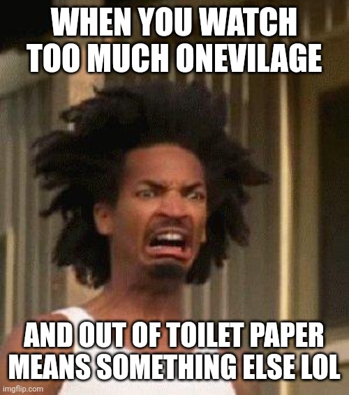 Disgusted Face | WHEN YOU WATCH TOO MUCH ONEVILAGE AND OUT OF TOILET PAPER MEANS SOMETHING ELSE LOL | image tagged in disgusted face | made w/ Imgflip meme maker