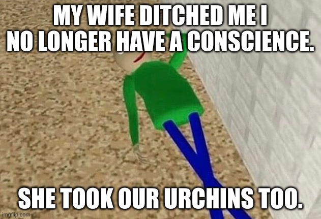 When ur wife. | MY WIFE DITCHED ME I NO LONGER HAVE A CONSCIENCE. SHE TOOK OUR URCHINS TOO. | image tagged in classified information | made w/ Imgflip meme maker