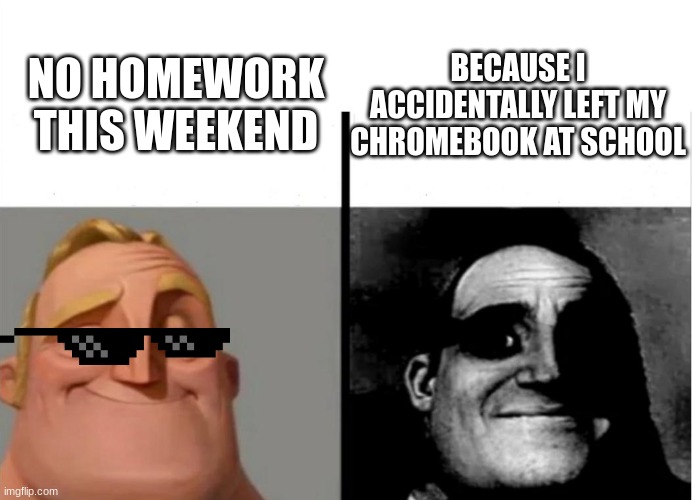 I found it! | NO HOMEWORK THIS WEEKEND; BECAUSE I ACCIDENTALLY LEFT MY CHROMEBOOK AT SCHOOL | image tagged in mr incredible becoming uncanny,school,chromebook | made w/ Imgflip meme maker