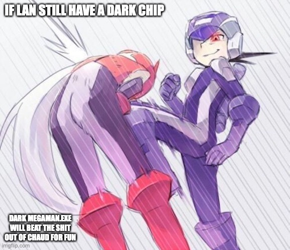 Dark Megaman.EXE and Protoman.EXE | IF LAN STILL HAVE A DARK CHIP; DARK MEGAMAN.EXE WILL BEAT THE SHIT OUT OF CHAUD FOR FUN | image tagged in megaman,megaman battle network,memes | made w/ Imgflip meme maker