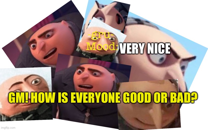 GM! |  VERY NICE; GM! HOW IS EVERYONE GOOD OR BAD? | image tagged in -gru- template | made w/ Imgflip meme maker