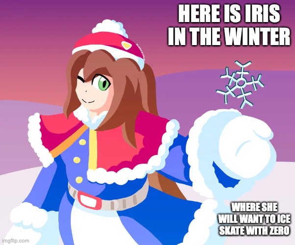 Winter Iris | HERE IS IRIS IN THE WINTER; WHERE SHE WILL WANT TO ICE SKATE WITH ZERO | image tagged in megaman,megaman x,iris,memes | made w/ Imgflip meme maker