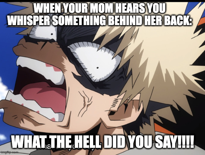 Bakugo's What did you say?! | WHEN YOUR MOM HEARS YOU WHISPER SOMETHING BEHIND HER BACK:; WHAT THE HELL DID YOU SAY!!!! | image tagged in bakugo's what did you say | made w/ Imgflip meme maker