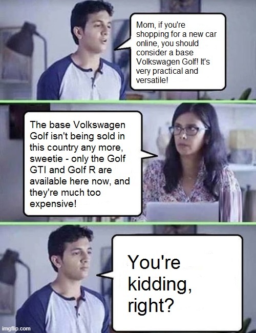 You're Kidding Right Mark 8 Golf | image tagged in you're kidding right,vw golf,golf 8,bring the base mark 8 golf to north america | made w/ Imgflip meme maker