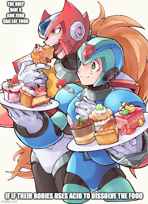 X and Zero Eating Sweets | THE ONLY WAY X AND ZERO CAN EAT FOOD; IF IF THEIR BODIES USES ACID TO DISSOLVE THE FOOD | image tagged in megaman,megaman x,memes | made w/ Imgflip meme maker