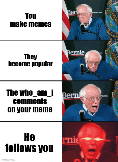 Lololol | You make memes; They become popular; The who_am_i comments on your meme; He follows you | image tagged in bernie sanders reaction nuked | made w/ Imgflip meme maker