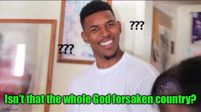 Black guy confused | Isn’t that the whole God forsaken country? | image tagged in black guy confused | made w/ Imgflip meme maker