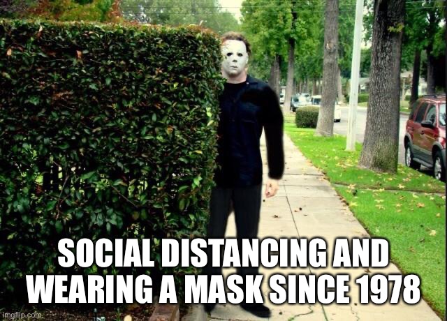 Michael Myers Bush Stalking | SOCIAL DISTANCING AND WEARING A MASK SINCE 1978 | image tagged in michael myers bush stalking | made w/ Imgflip meme maker