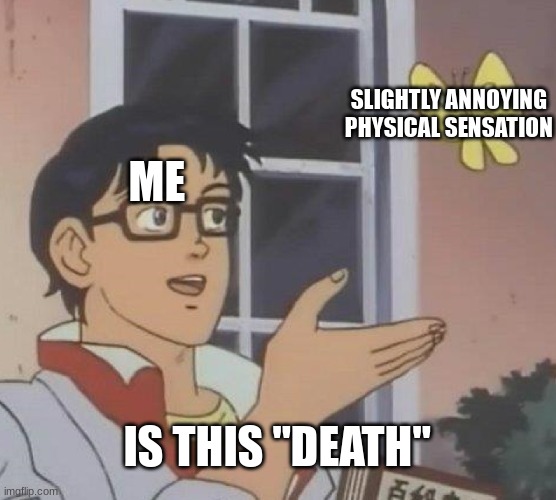 Is This A Pigeon |  SLIGHTLY ANNOYING PHYSICAL SENSATION; ME; IS THIS "DEATH" | image tagged in memes,is this a pigeon | made w/ Imgflip meme maker