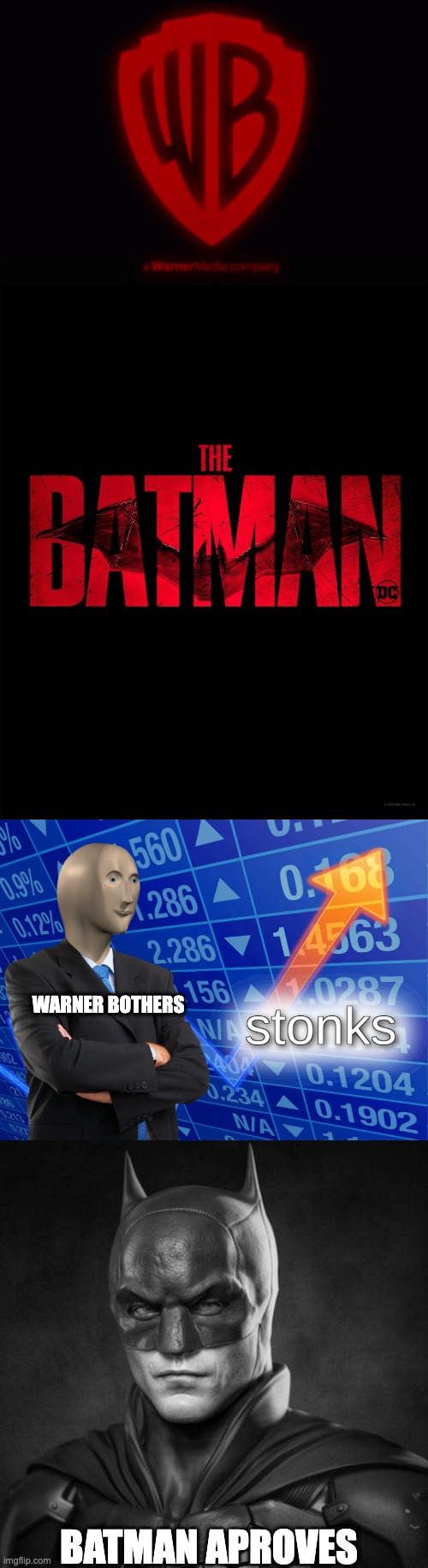 Why Warner Bothers make profit of Batman | WARNER BOTHERS; BATMAN APROVES | image tagged in the batman,stonks | made w/ Imgflip meme maker