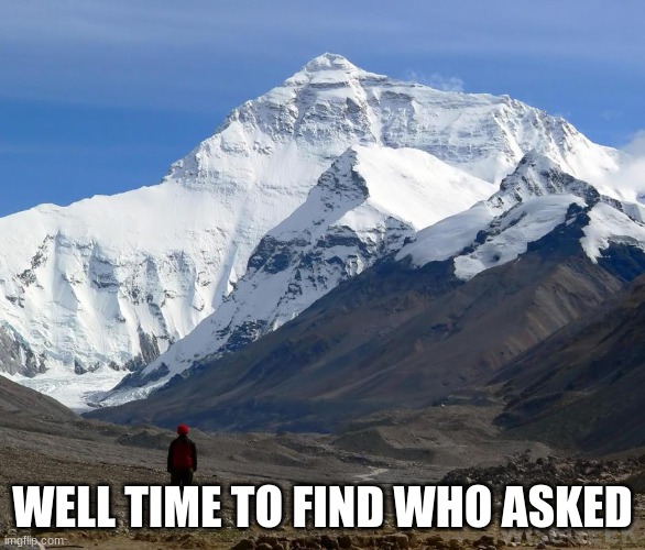 Man looking @ Everest | WELL TIME TO FIND WHO ASKED | image tagged in man looking everest | made w/ Imgflip meme maker