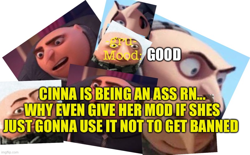 Smh | GOOD; CINNA IS BEING AN ASS RN... WHY EVEN GIVE HER MOD IF SHES JUST GONNA USE IT NOT TO GET BANNED | image tagged in -gru- template | made w/ Imgflip meme maker
