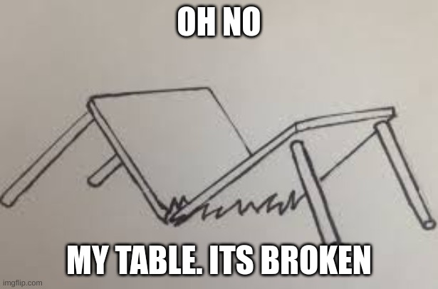 OH NO; MY TABLE. ITS BROKEN | image tagged in broken | made w/ Imgflip meme maker