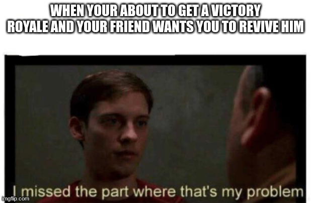 I missed the part where that's my problem. | WHEN YOUR ABOUT TO GET A VICTORY ROYALE AND YOUR FRIEND WANTS YOU TO REVIVE HIM | image tagged in i missed the part where that's my problem | made w/ Imgflip meme maker