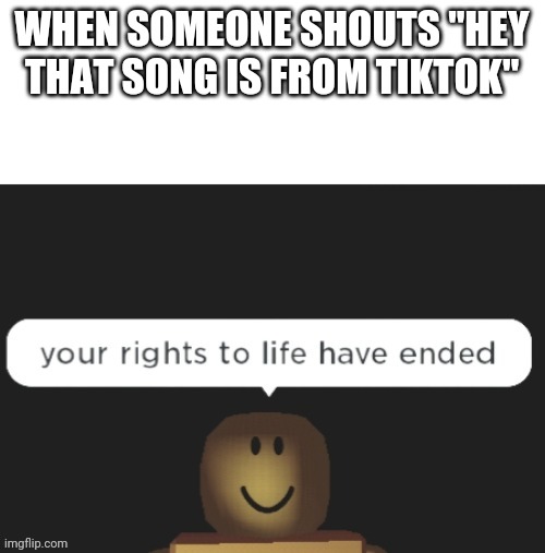 New template | WHEN SOMEONE SHOUTS "HEY THAT SONG IS FROM TIKTOK" | image tagged in your rights to life have ended,memes,funny,tiktok,tiktok sucks | made w/ Imgflip meme maker