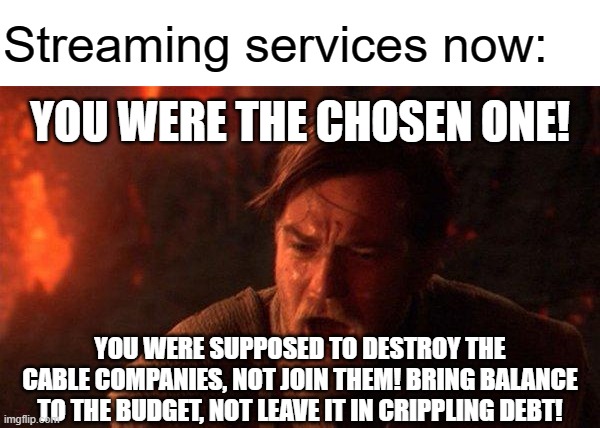 You Were The Chosen One (Star Wars) Meme |  Streaming services now:; YOU WERE THE CHOSEN ONE! YOU WERE SUPPOSED TO DESTROY THE CABLE COMPANIES, NOT JOIN THEM! BRING BALANCE TO THE BUDGET, NOT LEAVE IT IN CRIPPLING DEBT! | image tagged in memes,you were the chosen one star wars | made w/ Imgflip meme maker