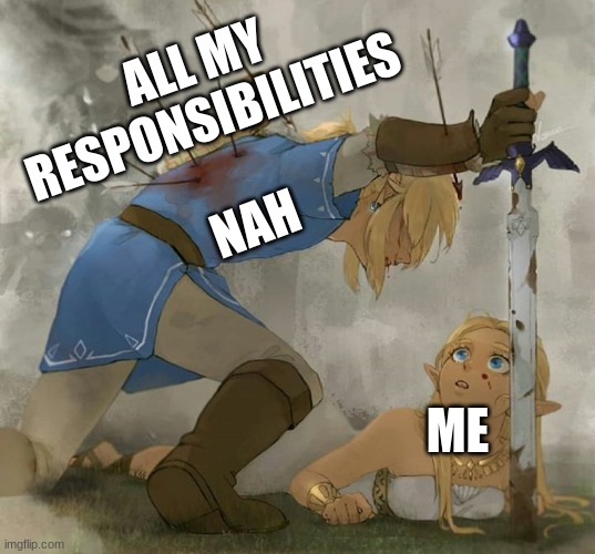 ALL MY RESPONSIBILITIES; NAH; ME | image tagged in the legend of zelda breath of the wild | made w/ Imgflip meme maker