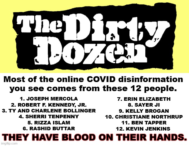 The Anti-Vaxxer Hall of Shame | Most of the online COVID disinformation you see comes from these 12 people. 1. JOSEPH MERCOLA
2. ROBERT F. KENNEDY, JR.
3. TY AND CHARLENE BOLLINGER
4. SHERRI TENPENNY
5. RIZZA ISLAM
6. RASHID BUTTAR; 7. ERIN ELIZABETH
8. SAYER JI
9. KELLY BROGAN
10. CHRISTIANE NORTHRUP
11. BEN TAPPER
12. KEVIN JENKINS; THEY HAVE BLOOD ON THEIR HANDS. | image tagged in covid-19,lies,conspiracy,false,murderer,killer | made w/ Imgflip meme maker