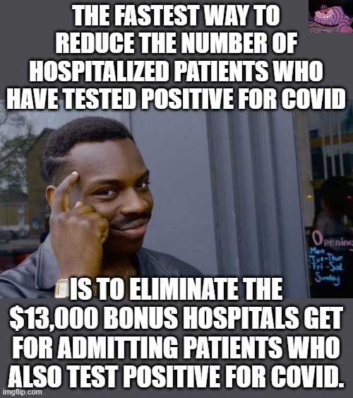 If you're admitted into the hospital for a broken leg and test positive for COVID the hospital gets an extra $13,000 | THE FASTEST WAY TO REDUCE THE NUMBER OF HOSPITALIZED PATIENTS WHO HAVE TESTED POSITIVE FOR COVID; IS TO ELIMINATE THE $13,000 BONUS HOSPITALS GET FOR ADMITTING PATIENTS WHO ALSO TEST POSITIVE FOR COVID. | image tagged in memes,roll safe think about it | made w/ Imgflip meme maker