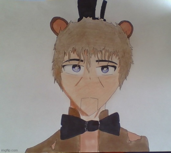 Withered Freddy (sorry if it's bad it's my second time drawing humanized fnaf characters.) | image tagged in drawings | made w/ Imgflip meme maker