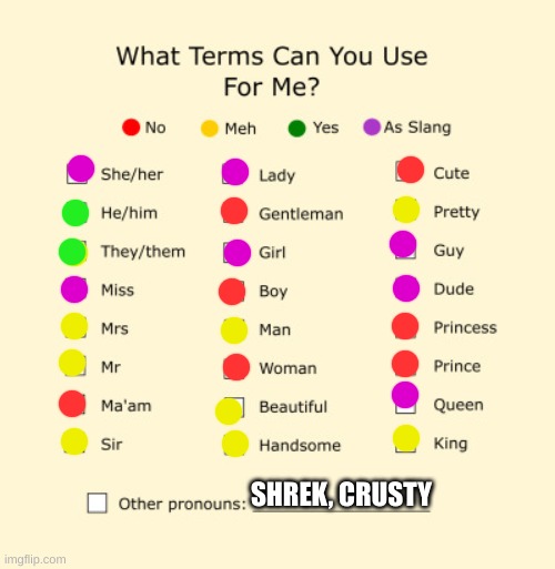 another pronoun for me is stinky | SHREK, CRUSTY | image tagged in pronouns sheet | made w/ Imgflip meme maker