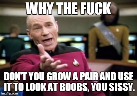 Picard Wtf Meme | WHY THE F**K DON'T YOU GROW A PAIR AND USE IT TO LOOK AT BOOBS, YOU SISSY. | image tagged in memes,picard wtf | made w/ Imgflip meme maker