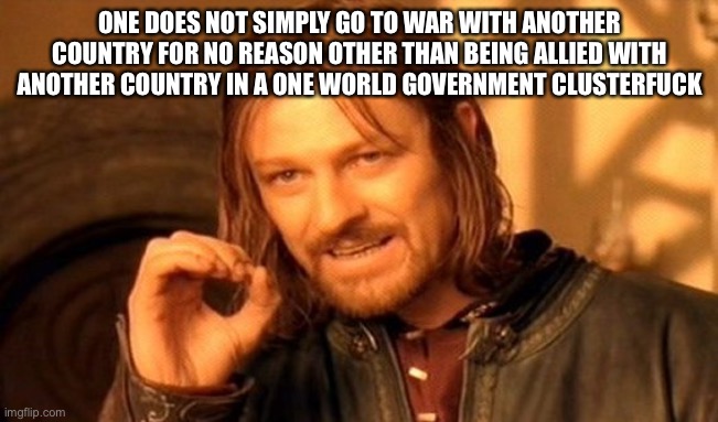 On World War One | ONE DOES NOT SIMPLY GO TO WAR WITH ANOTHER COUNTRY FOR NO REASON OTHER THAN BEING ALLIED WITH ANOTHER COUNTRY IN A ONE WORLD GOVERNMENT CLUSTERFUCK | image tagged in memes,one does not simply | made w/ Imgflip meme maker
