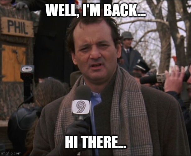 Yeah, for some reason my account was deleted. I still don't know how. It wasn't the mods or anything, but I'm back now... | WELL, I'M BACK... HI THERE... | image tagged in bill murray groundhog day | made w/ Imgflip meme maker