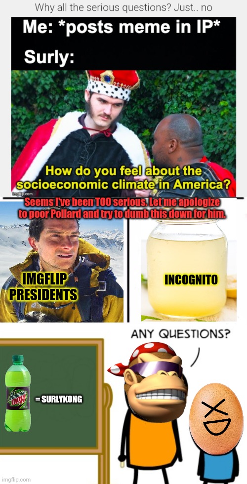 I'm sorry for being "TOO SERIOUS." | Seems I've been TOO serious. Let me apologize to poor Pollard and try to dumb this down for him. INCOGNITO; IMGFLIP PRESIDENTS; = SURLYKONG | image tagged in who would win blank,any questions,probably,dont piss on my leg,and tell me its raining | made w/ Imgflip meme maker
