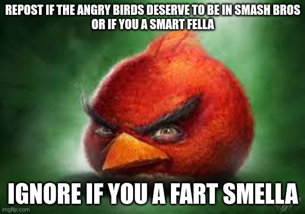 bkj.bhvl | REPOST IF THE ANGRY BIRDS DESERVE TO BE IN SMASH BROS
OR IF YOU A SMART FELLA; IGNORE IF YOU A FART SMELLA | made w/ Imgflip meme maker