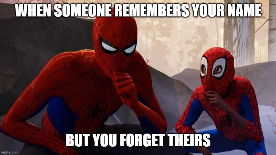*Internal Screaming* | WHEN SOMEONE REMEMBERS YOUR NAME; BUT YOU FORGET THEIRS | image tagged in spider-verse meme | made w/ Imgflip meme maker