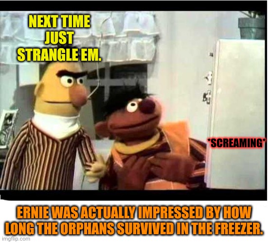 Fresh meat | NEXT TIME JUST STRANGLE EM. *SCREAMING*; ERNIE WAS ACTUALLY IMPRESSED BY HOW LONG THE ORPHANS SURVIVED IN THE FREEZER. | image tagged in fresh,meat,sesame street,bert and ernie,cannibalism,orphans | made w/ Imgflip meme maker