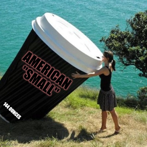 American problems | AMERICAN "SMALL"; 144 OUNCES | image tagged in giant coffee,american,problems,small,coffee | made w/ Imgflip meme maker