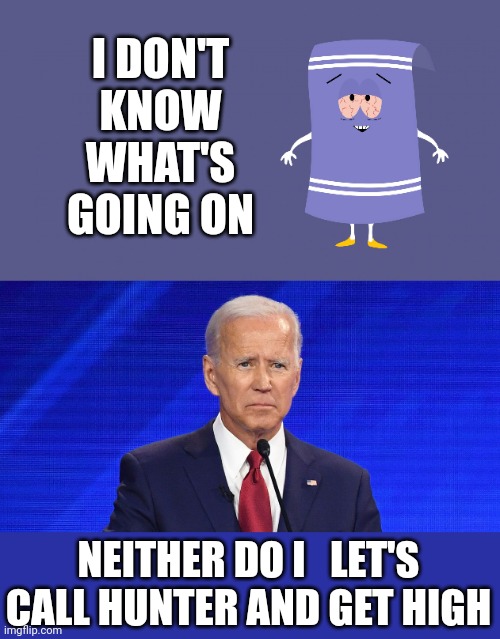 I DON'T KNOW WHAT'S GOING ON; NEITHER DO I   LET'S CALL HUNTER AND GET HIGH | image tagged in towelie south park,biden confused | made w/ Imgflip meme maker