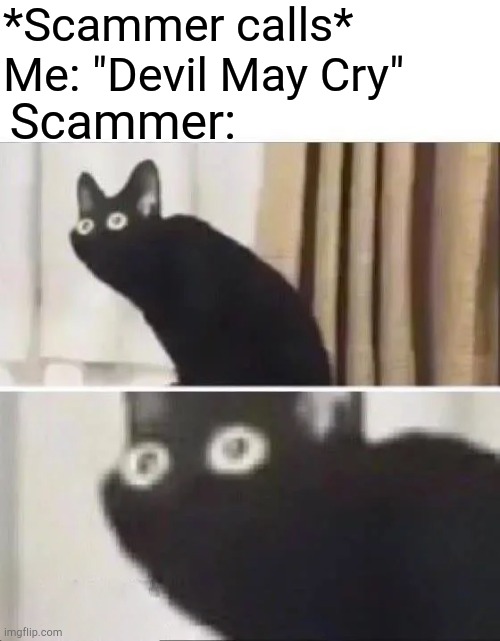 Oh No Black Cat | *Scammer calls*
Me: "Devil May Cry" Scammer: | image tagged in oh no black cat | made w/ Imgflip meme maker
