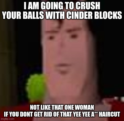 Superman 64 | I AM GOING TO CRUSH YOUR BALLS WITH CINDER BLOCKS; NOT LIKE THAT ONE WOMAN
IF YOU DONT GET RID OF THAT YEE YEE A** HAIRCUT | image tagged in superman 64 | made w/ Imgflip meme maker