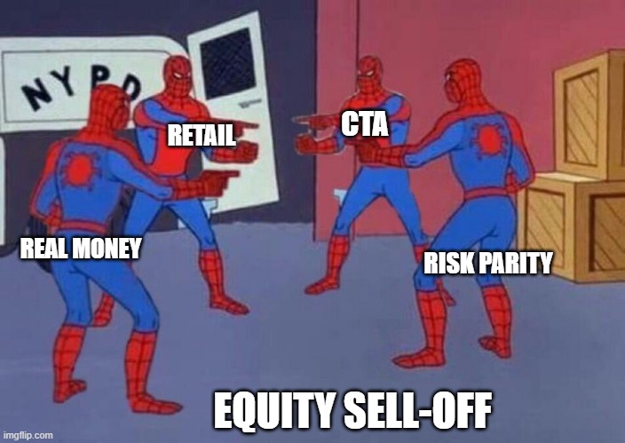 Equity Sell-Off | CTA; RETAIL; RISK PARITY; REAL MONEY; EQUITY SELL-OFF | image tagged in 4 spiderman pointing at each other | made w/ Imgflip meme maker